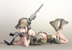 Rule 34 | 1girl, american flag, arm support, assault rifle, bad id, bad pixiv id, battle rifle, belt, boots, buckle, butt crack, camouflage, combat boots, glock, gloves, gun, handgun, hat, headset, holster, kws, load bearing vest, looking at viewer, m14, magazine (weapon), midriff, military, military uniform, original, pistol, purple eyes, radio, rifle, shorts, silver hair, snap-fit buckle, solo, suppressor, thigh holster, uniform, weapon