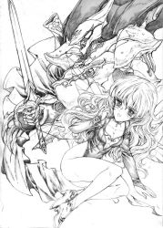 Rule 34 | 1girl, breasts, cham fau, cleavage, dunbine, fairy, fantasy, floating, greyscale, high heels, highres, holding, holding sword, holding weapon, insect wings, john r, leotard, long hair, mecha, medium breasts, monochrome, open mouth, robot, seisenshi dunbine, sword, weapon, wings
