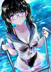 Rule 34 | 1girl, absurdres, armband, black hair, black one-piece swimsuit, breasts, cleavage, competition swimsuit, cowboy shot, glasses, highres, large breasts, long hair, looking at viewer, ogata tei, one-piece swimsuit, original, pool, pool ladder, purple eyes, sailor collar, sailor shirt, see-through, shirt, smile, solo, swimsuit, swimsuit under clothes, twintails, wading, water, wet, wet clothes