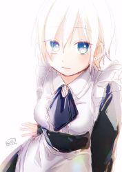 Rule 34 | 1girl, apron, arm support, black skirt, blue eyes, blue neckwear, breasts, center frills, chromatic aberration, closed mouth, collared shirt, commentary request, copyright request, frills, hair between eyes, highres, long sleeves, looking at viewer, medium breasts, shirt, signature, sitting, skirt, sleeves past wrists, sofra, solo, underbust, waist apron, white apron, white background, white shirt
