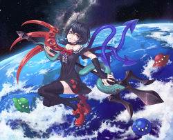 Rule 34 | 1girl, adapted costume, ahoge, asymmetrical wings, black hair, black thighhighs, boots, center frills, dress, earth (planet), footwear bow, frills, full body, hair between eyes, high heel boots, high heels, houjuu nue, md5 mismatch, mumulatte, planet, polearm, red eyes, short dress, sky, snake, solo, space, star (sky), starry sky, thighhighs, thighs, touhou, trident, ufo, weapon, wings
