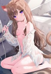 Rule 34 | 1girl, animal ear fluff, animal ears, areola slip, barefoot, bath, bathroom, bathtub, blush, breasts, brown hair, cat ears, cat girl, cat tail, closed mouth, collarbone, collared shirt, commentary, dress shirt, hair censor, hand up, highres, holding, indoors, leo (mafuyu), long hair, long sleeves, looking at viewer, mafuyu (chibi21), multicolored hair, naked shirt, off shoulder, on floor, open clothes, open shirt, original, purple eyes, purple hair, see-through, shirt, shower head, signature, sitting, sleeves past wrists, small breasts, solo, streaked hair, tail, very long hair, wet, wet clothes, wet shirt, white shirt, yokozuwari