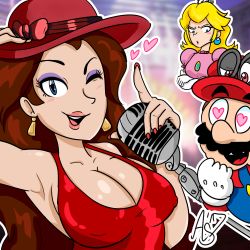 Rule 34 | 1boy, 2girls, blonde hair, blue eyes, breasts, brown hair, cleavage, dress, earrings, gloves, grin, hat, heart, heart-shaped pupils, highres, jealous, jewelry, large breasts, long hair, mario, mario (series), multiple girls, nail polish, nintendo, one eye closed, pauline (mario), pink dress, princess peach, red dress, shiny skin, smile, super mario bros. 1, super mario odyssey, symbol-shaped pupils, white gloves, wink