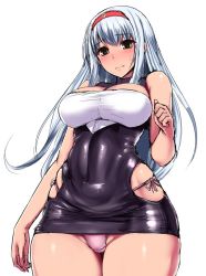 Rule 34 | 10s, 1girl, bare shoulders, blush, bodycon, breasts, brown eyes, cleavage, covered navel, curvy, dress, hairband, headband, hip vent, ishimiso (ishimura), kantai collection, large breasts, long hair, looking at viewer, panties, pantyshot, pink panties, shiny clothes, shoukaku (kancolle), skin tight, sleeveless, sleeveless dress, solo, standing, underwear, white hair, wide hips