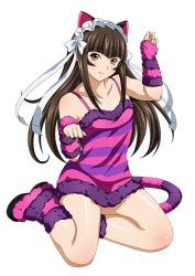 Rule 34 | 00s, 1girl, animal ears, brown eyes, brown hair, cat tail, cheshire cat (alice in wonderland), cheshire cat (cosplay), collarbone, cosplay, costume, detached sleeves, fake animal ears, fake tail, female focus, ikkitousen, long hair, looking at viewer, maid headdress, shiny skin, simple background, sitting, smile, socks, solo, striped clothes, striped legwear, striped socks, tail, ten&#039;i (ikkitousen), white background