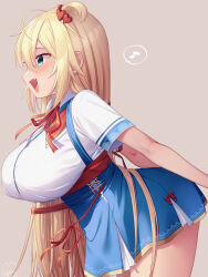 Rule 34 | 1girl, ahoge, akai haato, akai haato (1st costume), aqua eyes, arched back, blonde hair, blue skirt, blush, breasts, brown background, collared shirt, cowboy shot, fang, from side, hair between eyes, hair ornament, heart, heart hair ornament, highres, hololive, huge breasts, leaning forward, long hair, magowasabi, musical note, open mouth, red ribbon, ribbon, shirt, short hair, short sleeves, simple background, skin fang, skirt, smile, solo, spoken musical note, standing, very long hair, virtual youtuber, white shirt