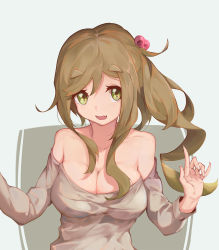 Rule 34 | 1girl, :d, bare shoulders, breasts, brown hair, cleavage, fang, fingernails, green eyes, hair between eyes, hair bobbles, hair ornament, inuyama aoi, large breasts, long hair, long sleeves, low neckline, off shoulder, open mouth, renze l, side ponytail, sidelocks, skin fang, smile, solo, thick eyebrows, upper body, yurucamp