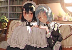 Rule 34 | 2girls, apron, black dress, black hair, blurry, blurry background, blush, closed eyes, commentary request, couch, dress, frills, grey hair, hair between eyes, hair ornament, hand on own knee, hands on own knees, highres, indoors, leaning on person, long sleeves, maid, maid apron, maid headdress, multiple girls, original, red eyes, sen (sennosenn1127), short hair, sitting, sleeping, sleeping on person, sleeping upright, waist apron, yuri