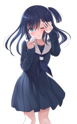 Rule 34 | 1girl, black hair, blue dress, blue eyes, blue neckerchief, blush, closed mouth, collarbone, commentary request, dress, feet out of frame, hands up, highres, holding, long hair, long sleeves, looking at viewer, na-ga, neckerchief, one eye closed, one side up, original, sailor collar, simple background, sleeves past wrists, solo, standing, wavy mouth, white background, white sailor collar