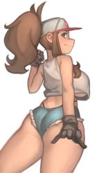 Rule 34 | 1girl, adapted costume, alternate breast size, ass, baseball cap, big hair, black gloves, blue eyes, breasts, brown hair, cleavage, cowboy shot, creatures (company), crop top, crop top overhang, denim, denim shorts, game freak, gloves, hair through headwear, hat, high ponytail, highres, hilda (pokemon), holding, holding poke ball, kelvin hiu, large breasts, long hair, nintendo, poke ball, poke ball (basic), pokemon, pokemon bw, ponytail, shirt, short shorts, shorts, sidelocks, skindentation, solo, thick thighs, thighs, underboob, white background, white shirt