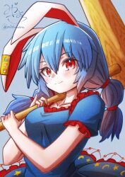 Rule 34 | 1girl, :3, absurdres, animal ears, blue background, blue dress, blue hair, blush, closed mouth, collarbone, commentary, crescent print, dress, frilled dress, frills, hair between eyes, hair ribbon, hands up, highres, holding, kine, long hair, looking at viewer, mallet, mizuhara (pix ivi xiq), rabbit ears, rabbit girl, red eyes, red ribbon, ribbon, seiran (touhou), short sleeves, signature, simple background, solo, star (symbol), star print, touhou, upper body