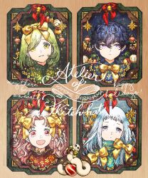 4girls absurdres agott_(tongari_boushi_no_atelier) black_hair blue_eyes blue_hair bow christmas christmas_ornaments coco_(tongari_boushi_no_atelier) expressionless gold_ribbon green_eyes green_hair hair_ornament happy_holidays highres long_hair medium_hair merry_christmas multiple_girls official_art open_mouth pink_eyes pink_hair purple_eyes richeh_(tongari_boushi_no_atelier) shirahama_kamome short_hair smile sweater tetia_(tongari_boushi_no_atelier) tomboy tongari_boushi_no_atelier turtleneck wavy_hair