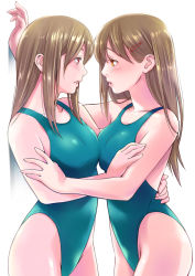 Rule 34 | 2girls, absurdres, asymmetrical docking, blue one-piece swimsuit, breast press, brown eyes, brown hair, collarbone, commentary request, competition swimsuit, cowboy shot, eye contact, hair ornament, hairclip, highres, lips, long hair, looking at another, macosee, multiple girls, one-piece swimsuit, original, swimsuit, white background, yuri