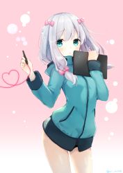 Rule 34 | 10s, 1girl, bad id, bad pixiv id, blue eyes, blush, bow, drawing tablet, eromanga sensei, gradient background, hair between eyes, hair bow, heart, izumi sagiri, long hair, looking at viewer, open mouth, pink background, pink bow, silver hair, solo, string, string of fate, stylus, usamito, white background