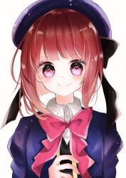 Rule 34 | 1girl, absurdres, arima kana, beret, black ribbon, black vest, blue hat, blue jacket, blush, bob cut, bow, bowtie, closed mouth, collared shirt, commentary, hat, highres, inverted bob, jacket, light particles, oshi no ko, pink bow, pink bowtie, pink eyes, red hair, ribbon, school uniform, shirt, short hair, simple background, smile, solo, vest, white background, white shirt, youtou high school uniform, yua (afrn5722)
