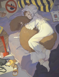 Rule 34 | 1girl, animal ears, arknights, axe, badge, bed, bed sheet, between legs, bobby socks, bonnet, book, brown hair, chinese commentary, closed eyes, commentary request, dated, fire axe, fluffy, food, full body, highres, hugging own tail, hugging tail, indoors, jar, long sleeves, lying, nekohara peninsula, nightgown, nightstand, nut (food), on bed, on side, open mouth, oxygen mask, pillow, shaw (arknights), signature, sleeping, slippers, socks, solo, squirrel, squirrel ears, squirrel girl, squirrel tail, tail, traffic cone