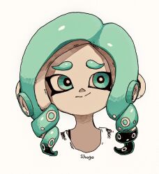 Rule 34 | 1girl, aqua eyes, aqua hair, artist name, black bra, bra, bra strap, bright pupils, closed mouth, drill hair, female focus, highres, looking to the side, matching hair/eyes, nintendo, octoling, octoling girl, octoling player character, portrait, raised eyebrows, shirt, shogo (shogo70449442), signature, simple background, solo, splatoon (series), split mouth, straight-on, suction cups, tentacle hair, tentacles, thick eyebrows, twin drills, underwear, white background, white pupils, white shirt