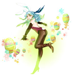 Rule 34 | 1girl, adapted costume, animal ears, ass, back, bare back, bare shoulders, black gloves, black pantyhose, easter, easter egg, egg, elbow gloves, fake animal ears, fake tail, fingerless gloves, fire emblem, fire emblem: radiant dawn, gloves, half updo, high heels, jewelry, leotard, long hair, looking at viewer, looking back, micaiah (fire emblem), nintendo, pantyhose, playboy bunny, rabbit ears, rabbit tail, ribbon, silver hair, sleeveless, smile, solo, strapless, tail, yellow eyes
