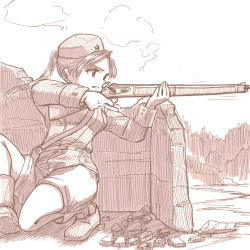 Rule 34 | 1girl, aiming, boots, gun, hat, highres, holding, holding gun, holding weapon, kageng, long hair, long sleeves, military, military uniform, original, ponytail, rifle, shorts, soldier, solo, taking cover, uniform, wall, weapon