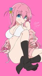 Rule 34 | 1girl, absurdres, artist name, bare shoulders, black socks, blue eyes, blush, bocchi the rock!, bra, breasts, cleavage, commentary, cube hair ornament, gotoh hitori, hair between eyes, hair ornament, highres, jacket, knee up, large breasts, long hair, looking at viewer, no pants, no shoes, off shoulder, one side up, panties, parted lips, pink background, pink hair, pink jacket, side-tie panties, sidelocks, sitting, socks, solo, track jacket, underwear, white bra, white panties, zetsuyo chimayo