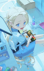 Rule 34 | 1girl, @ @, absurdres, apron, bento, blonde hair, blue apron, blue archive, blue ribbon, box, can, cardboard box, cellphone, chopsticks, coin, collared shirt, egg (food), fang, feet out of frame, flip phone, food, forehead, from above, hair ribbon, halo, highres, holding, holding chopsticks, li-mi, long hair, looking at viewer, open mouth, parted bangs, phone, ramune, ribbon, scrunchie, shirt, short sleeves, sitting, skin fang, solo, sora (blue archive), sweat, two side up, white shirt, white wings, wings, wrist scrunchie