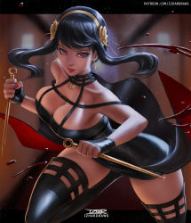 Rule 34 | 1girl, artist name, bare shoulders, black dress, black gloves, black hair, blood, blurry, blurry background, breasts, commentary, cowboy shot, dagger, dress, earrings, english commentary, fingerless gloves, flower, gloves, gold hairband, golden rose, hair flower, hair ornament, hairband, highres, holding, izhardraws, jewelry, knife, large breasts, light particles, looking at viewer, nail polish, necklace, outside border, red eyes, red nails, serious, short hair with long locks, sidelocks, solo, spy x family, stiletto (weapon), thighhighs, weapon, yor briar