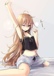 Rule 34 | 1girl, alternate costume, arm up, armpits, bed, blonde hair, bloomers, blush, bow, camisole, kirisame marisa, long hair, messy hair, navel, no headwear, on bed, one eye closed, shirt, simple background, sitting, sleepy, sleeveless, solo, stomach, stretching, tears, tecoyuke, text focus, touhou, underwear, underwear only, waking up, white bloomers, wink