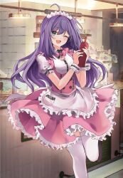 Rule 34 | 1girl, ;d, absurdres, ahoge, alternate costume, apron, bow, bowtie, breasts, dress, enmaided, frilled dress, frills, highres, idolmaster, idolmaster million live!, idolmaster million live! theater days, ketchup bottle, long hair, looking at viewer, maid, maid headdress, mochizuki anna, one eye closed, open mouth, petticoat, pinafore dress, pink bow, pink bowtie, puffy short sleeves, puffy sleeves, purple hair, restaurant, short sleeves, sleeveless dress, small breasts, smile, solo, standing, standing on one leg, straight hair, thighhighs, tm21, very long hair, white thighhighs, wrist cuffs