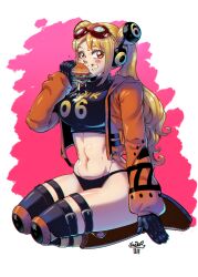 Rule 34 | 1girl, absurdres, artist request, black gloves, blonde hair, breasts, burger, double bun, eating, ewder, food, freckles, full body, gloves, hair bun, headphones, highres, holding, holding food, jacket, large breasts, long hair, looking at viewer, navel, numbered, one piece, revealing clothes, shiny skin, solo, thong, vegapunk york, wide hips