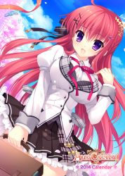 Rule 34 | 1girl, :d, absurdres, alia&#039;s carnival!, bag, breasts, briefcase, cherry blossoms, hair ornament, highres, large breasts, long hair, mitha, open mouth, ousaka asuha, pink hair, purple eyes, school bag, school briefcase, school uniform, skirt, smile, solo