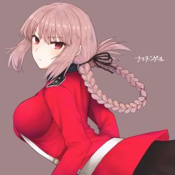 Rule 34 | &gt;:|, 1girl, :|, bad id, bad twitter id, between breasts, black ribbon, braid, breasts, brown background, brown hair, character name, closed mouth, dutch angle, fate/grand order, fate (series), florence nightingale (fate), from side, hair between eyes, hair ribbon, highres, ito (silk9f), large breasts, long hair, looking at viewer, looking back, red eyes, ribbon, simple background, solo, strap between breasts, tsurime, upper body, v-shaped eyebrows