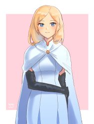 Rule 34 | 1girl, artist name, black gloves, blonde hair, blue eyes, cape, cleric, elbow gloves, gloves, highres, light blue dress, looking at viewer, medium hair, octopath traveler, octopath traveler i, ophilia (octopath traveler), pink background, priestess, smile, solo, standing, yoyoleif
