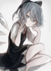 Rule 34 | 1girl, blouse, blue eyes, blue hair, cirno, collared shirt, dress, grey background, hair ribbon, hand in own hair, hasunokaeru, ice, ice wings, looking at viewer, muted color, ribbon, shirt, short hair, sitting, smile, solo, touhou, v, wavy hair, white shirt, wings