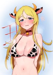 Rule 34 | 1girl, animal ears, animal print, areola slip, arms behind back, bare shoulders, bell, bikini, blonde hair, blue background, blue eyes, blush, breasts, cleavage, collar, collarbone, commentary request, cow ears, cow girl, cow horns, cow print, cowbell, embarrassed, flying sweatdrops, gradient background, hair between eyes, halterneck, highres, horns, idolmaster, idolmaster million live!, large breasts, long hair, looking at viewer, minakamirin, navel, neck bell, open mouth, parted bangs, print bikini, shinomiya karen, sidelocks, solo, standing, steaming body, stomach, sweat, swimsuit, upper body, very long hair, wavy mouth, white background