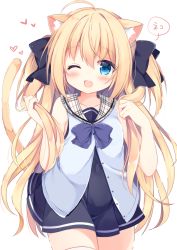 Rule 34 | 1girl, ;d, animal ears, bare arms, bare shoulders, black bow, black dress, blonde hair, blue bow, blue eyes, blue shirt, blush, bow, cat ears, cat girl, cat tail, collarbone, commentary request, covered navel, cowboy shot, dress, fang, hair between eyes, hair bow, hand up, holding, holding own hair, kujou danbo, long hair, looking at viewer, moneko-chan, one eye closed, open mouth, original, plaid, plaid sailor collar, pleated dress, sailor collar, shirt, simple background, sleeveless, sleeveless dress, sleeveless shirt, smile, solo, tail, tail raised, thighhighs, two side up, very long hair, white background, white sailor collar, white thighhighs