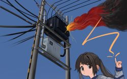 Rule 34 | 1girl, absurdres, black eyes, black hair, blue sky, burning, closed mouth, devil lo, electricity, explosion, fire, highres, original, outdoors, pointing, ponytail, power lines, sky, smoke, solo