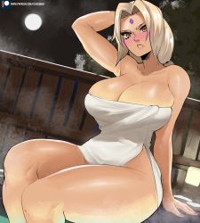 Rule 34 | 1girl, absurdres, arm up, arms behind head, blonde hair, blush, breasts, brown eyes, echo saber, facial mark, female focus, highres, huge breasts, long hair, looking at viewer, mature female, mature female, moon, nail polish, naked towel, naruto, naruto (series), naruto shippuuden, night, night sky, nude, sitting, sky, solo, symbol, towel, towel over breasts, tsunade (naruto), twintails