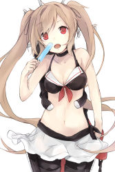 Rule 34 | 10s, 1girl, adapted costume, bikini, bikini top only, black skirt, brown hair, collarbone, cowboy shot, food, hasunokaeru, highres, holding, holding food, kantai collection, long hair, looking at viewer, murasame (kancolle), open mouth, popsicle, red eyes, simple background, sketch, skirt, smile, solo, swimsuit, twintails