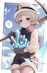 Rule 34 | 1girl, alternate costume, bandaid, bandaid on face, bandaid on nose, brown gloves, brown shorts, brown sleeves, character name, closed mouth, crystal, genshin impact, gloves, green hair, hat, holding, jk 4140, long sleeves, low ponytail, red eyes, sayu (genshin impact), scarf, short hair, shorts, solo, white hat