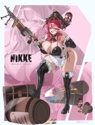 1girl absurdres barrel benz_(rita29) bird blush boots breasts cleavage detached_collar fang glasses goddess_of_victory:_nikke gun hat highres holding holding_gun holding_weapon large_breasts long_hair looking_at_viewer machine_gun mast_(nikke) mast_(romantic_maid)_(nikke) open_mouth pink_eyes pink_hair pirate_hat revision skin_fang skull_collar smile solo thigh_boots treasure_chest v v_over_eye weapon