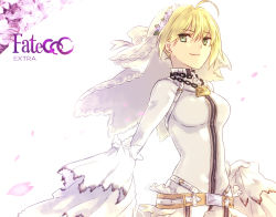 Rule 34 | 10s, 1girl, ahoge, belt, blonde hair, bodysuit, breasts, bridal veil, buckle, chain, copyright name, fate/extra, fate/extra ccc, fate (series), flower, gloves, green eyes, iebon-gogo8, lock, nero claudius (bride) (fate), nero claudius (fate), nero claudius (fate), padlock, smile, solo, veil, zipper
