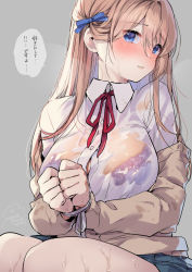 Rule 34 | 1girl, aqua skirt, blue bra, blue eyes, blue ribbon, blush, bound, bound wrists, bra, breasts, brown hair, button gap, cardigan, collared shirt, dress shirt, geshumaro, grey background, hair between eyes, hair ribbon, large breasts, long sleeves, looking at viewer, messy hair, neck ribbon, off shoulder, original, parted lips, pleated skirt, red ribbon, ribbon, school uniform, see-through, shirt, simple background, sitting, skirt, solo, speech bubble, suggestive fluid, translated, underwear, wet, wet clothes, wet shirt, white shirt
