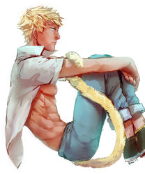 Rule 34 | 1boy, abs, blonde hair, highres, male focus, monkey tail, muscular, open clothes, open shirt, profile, rwby, shirt, short hair, signature, simple background, sitting, spiked hair, sun wukong (rwby), tail, very short hair, white background