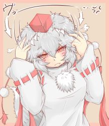 Rule 34 | 1girl, animal ears, blush stickers, commentary request, cube85, detached sleeves, embarrassed, fang, grey hair, hand on own ear, hat, inubashiri momiji, long sleeves, looking at viewer, messy hair, orange eyes, pout, pulling own ear, revision, shirt, solo, tail, tokin hat, touhou, wolf, wolf ears, wolf tail