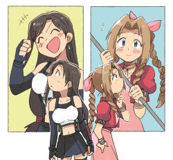 Rule 34 | 2girls, ^^^, ^ ^, aerith gainsborough, arm guards, black bra, black hair, black skirt, black thighhighs, blue background, blush, blush stickers, bra, bracelet, braid, braided ponytail, breasts, closed eyes, commentary, cowboy shot, cropped jacket, dress, earrings, elbow gloves, final fantasy, final fantasy vii, final fantasy vii remake, finger to own chin, fingerless gloves, gloves, green background, green eyes, hair ribbon, holding, holding staff, jacket, jewelry, laughing, light brown hair, long hair, looking at viewer, low-tied long hair, medium breasts, midriff, miniskirt, multiple girls, multiple views, navel, open mouth, parted bangs, pink dress, pleated skirt, red eyes, red jacket, ribbon, short sleeves, side braids, simple background, skirt, small breasts, smile, sports bra, staff, straight hair, strap, suspender skirt, suspenders, sweatdrop, tank top, thighhighs, tifa lockhart, tri braids, tsubobot, underwear, white background, white tank top, zettai ryouiki