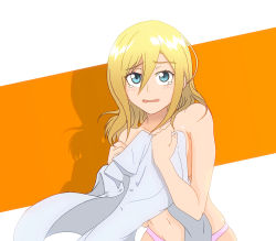 Rule 34 | 1girl, artist request, blonde hair, blue eyes, blush, breasts, covering breasts, covering privates, groin, krista lenz, long hair, looking at viewer, navel, nude cover, panties, partially undressed, pink panties, shingeki no kyojin, sideboob, skindentation, solo, tearing up, underwear, upper body, wavy mouth