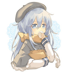 Rule 34 | 1girl, bag, capelet, covered mouth, eating, flat cap, floral print, food, fur trim, grey eyes, hat, hibiki (kancolle), highres, kantai collection, long hair, long sleeves, looking at viewer, messy hair, paper bag, scarf, school uniform, serafuku, silver hair, simple background, solo, white background, zuho (vega)