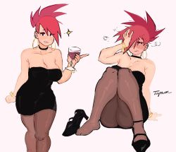 Rule 34 | 1girl, artist name, bare shoulders, black choker, black dress, black footwear, bracelet, breasts, brown pantyhose, choker, cleavage, cup, dress, drinking glass, drunk, ear piercing, earrings, facing viewer, female focus, folded ponytail, foster&#039;s home for imaginary friends, frankie foster, full body, hand on own head, high heels, hoop earrings, jewelry, knees together feet apart, large breasts, looking at viewer, multiple views, pantyhose, parted lips, piercing, purple background, red hair, short dress, simple background, sleeveless, sleeveless dress, smile, sparkle, squeans, strapless, strapless dress, topium, wine glass