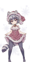 Rule 34 | alternate costume, animal ears, bare shoulders, bell, black pantyhose, bow, bowtie, christmas, common raccoon (kemono friends), dress, ears through headwear, full body, fur trim, green bow, green bowtie, grey eyes, grey hair, hat, highres, kemono friends, kolshica, multicolored hair, neck bell, no shoes, pantyhose, raccoon ears, raccoon girl, raccoon tail, red bow, red bowtie, red dress, santa hat, shirt, short hair, sleeveless, tail, two-tone bowtie, white fur, white shirt