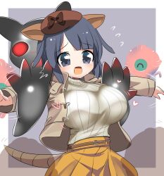 Rule 34 | 1girl, animal ears, armadillo ears, armadillo tail, belt, black eyes, black hair, breasts, cellien (kemono friends), extra ears, giant armadillo (kemono friends), grey background, hat, highres, jacket, kemono friends, large breasts, lets0020, ribbon, short hair, simple background, skirt, sweat, sweater, tail